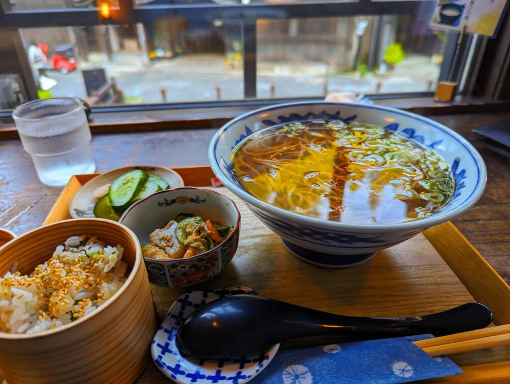 Traditional soba noodles and side dishes in Ginzan Onsen.