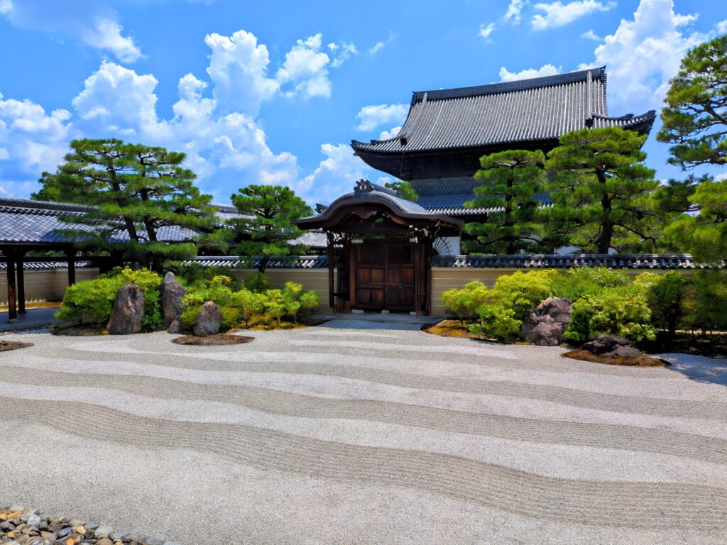 The historical Kennin-ji Temple's Zen garden and main hall